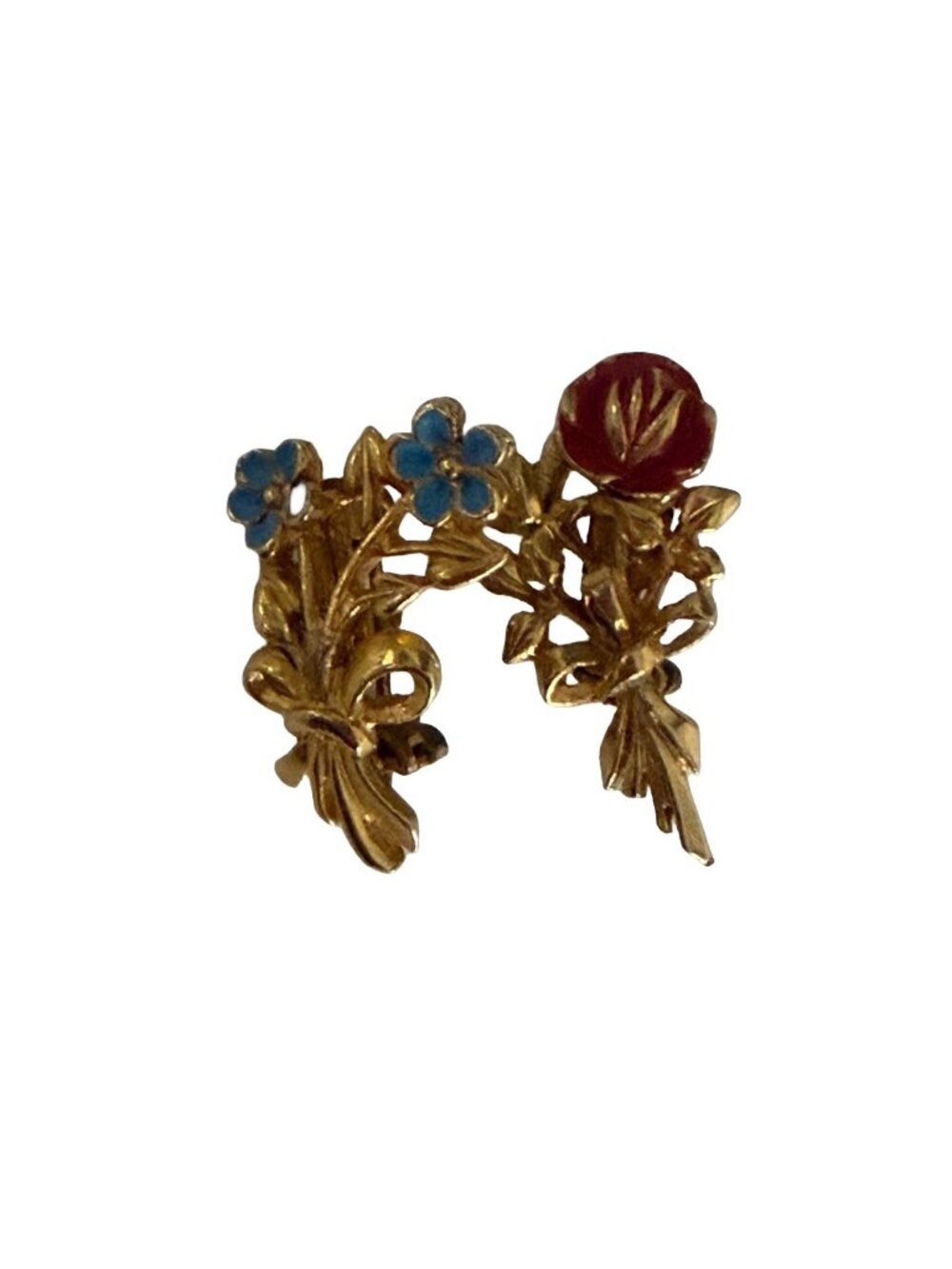 Vintage Enamel Floral Brooch Pin Pair Blue Forget Me Not Red Rose Gold Tone